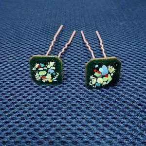 Two green enamel on copper Vintage Hair Pins